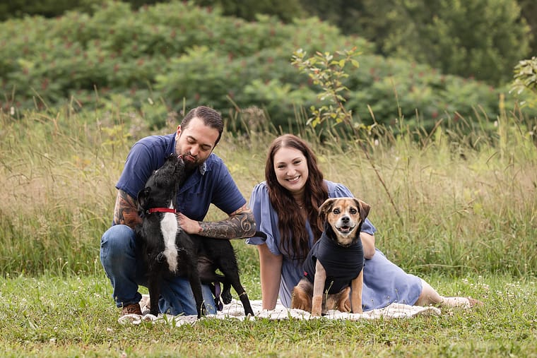 family pictures with pets at Lowville Park in Burlington, ON