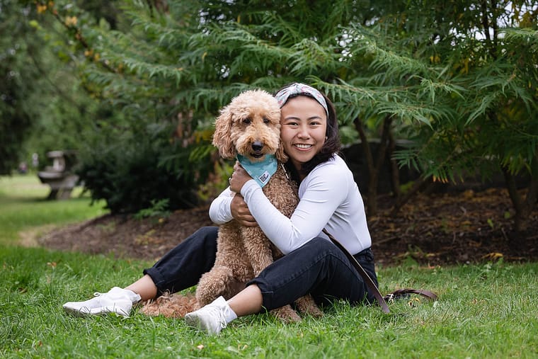 Dog mom and her dog posting at Save Our Scruff 10th Anniversary 