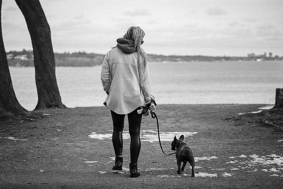 dog mom and french bulldog walking together Dundurn Castle